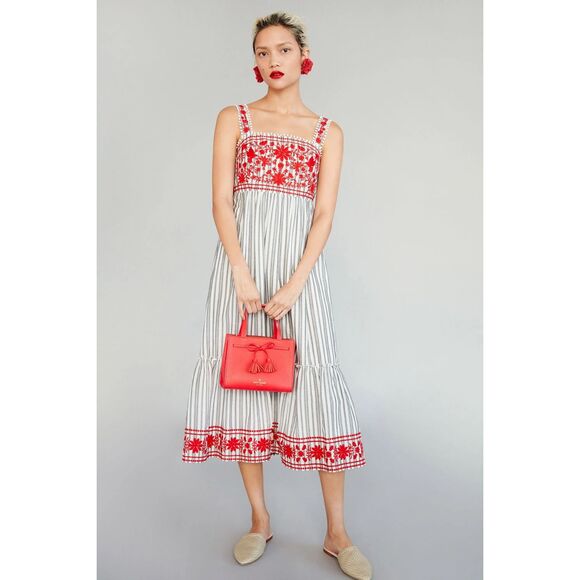 kate spade Dresses & Skirts - Kate Spade Broome Street Grey & White Striped With Red Embroidery Midi Dress XS